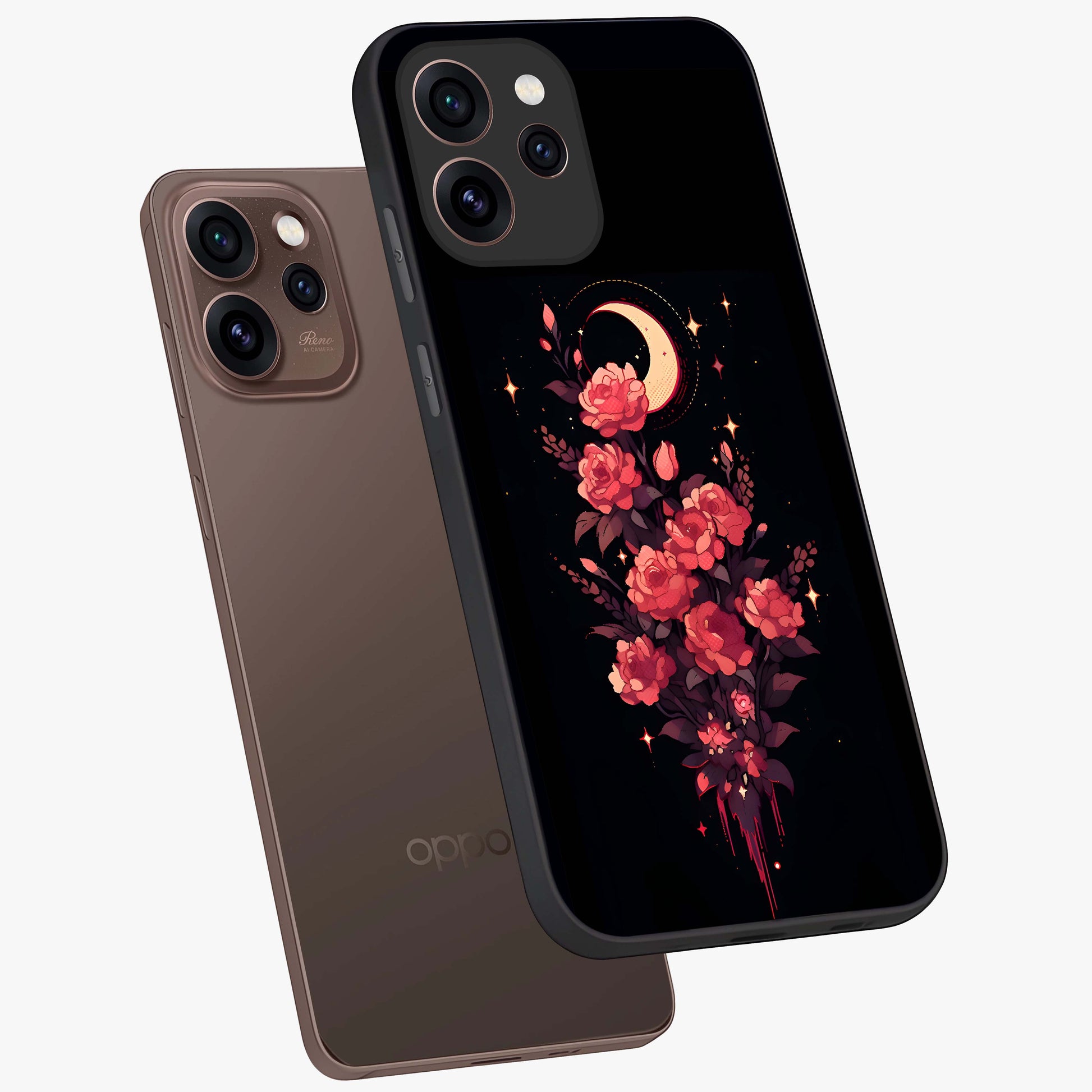 Moonlit Floral Elegance Glass Case displayed in angled mockup highlighting graceful flower design with soft moonlight aesthetic.