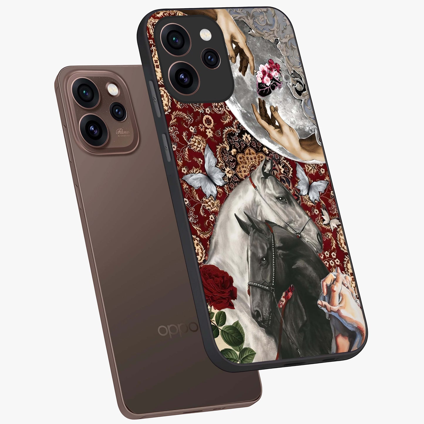 Moonlit Royal Stallion Glass Case displayed in angled mockup highlighting powerful stallion illustration with royal night aesthetic.