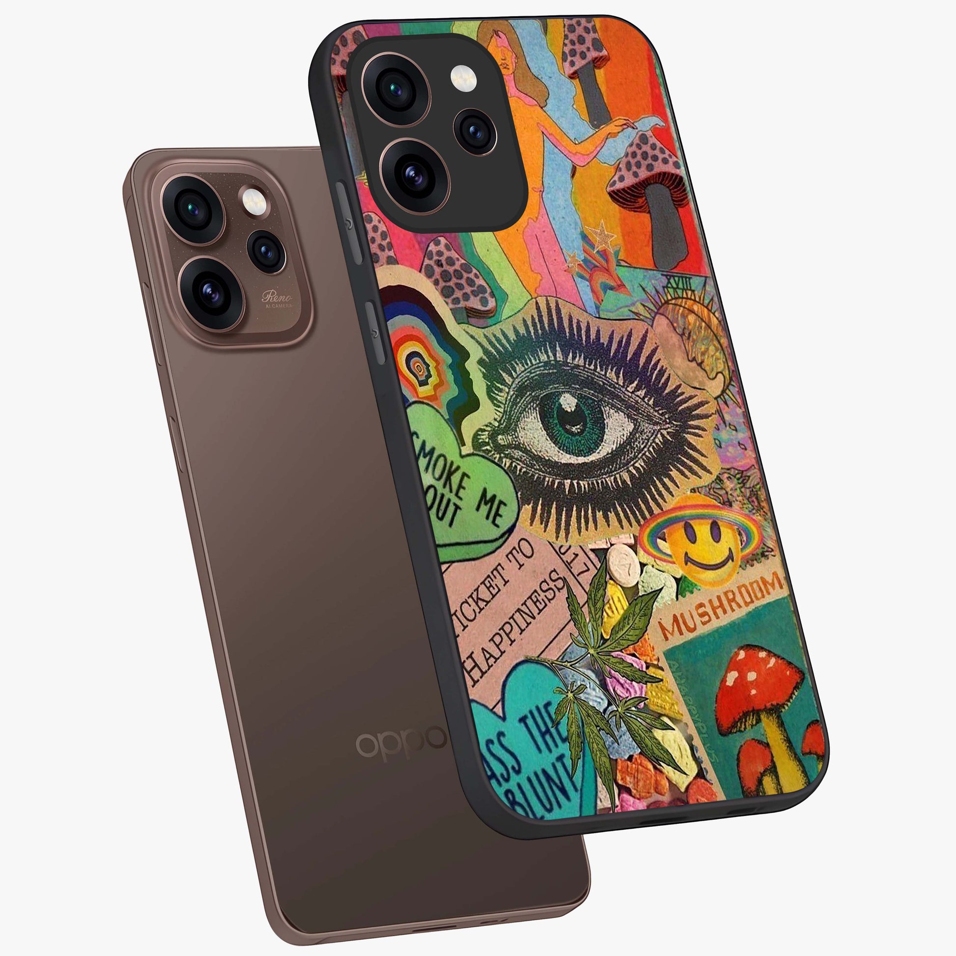 Mystic Eye Wonderland Glass Case displayed in angled mockup highlighting magical eye illustration with dreamy aesthetic.