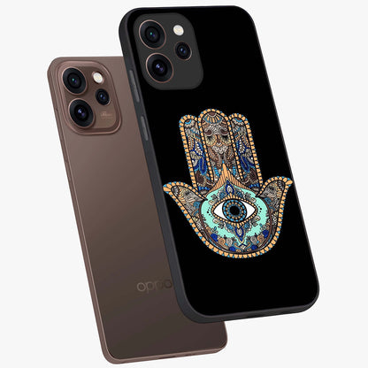 Mystic Hamsa Eye Glass Case displayed in angled mockup highlighting spiritual hamsa symbol with mystical aesthetic style.