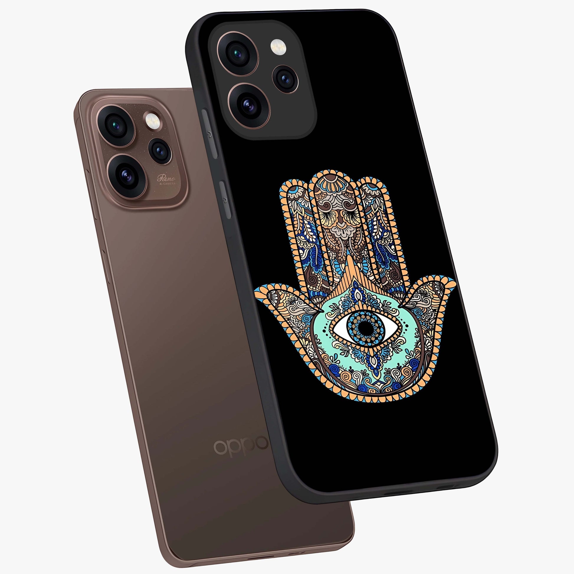 Mystic Hamsa Eye Glass Case displayed in angled mockup highlighting spiritual hamsa symbol with mystical aesthetic style.