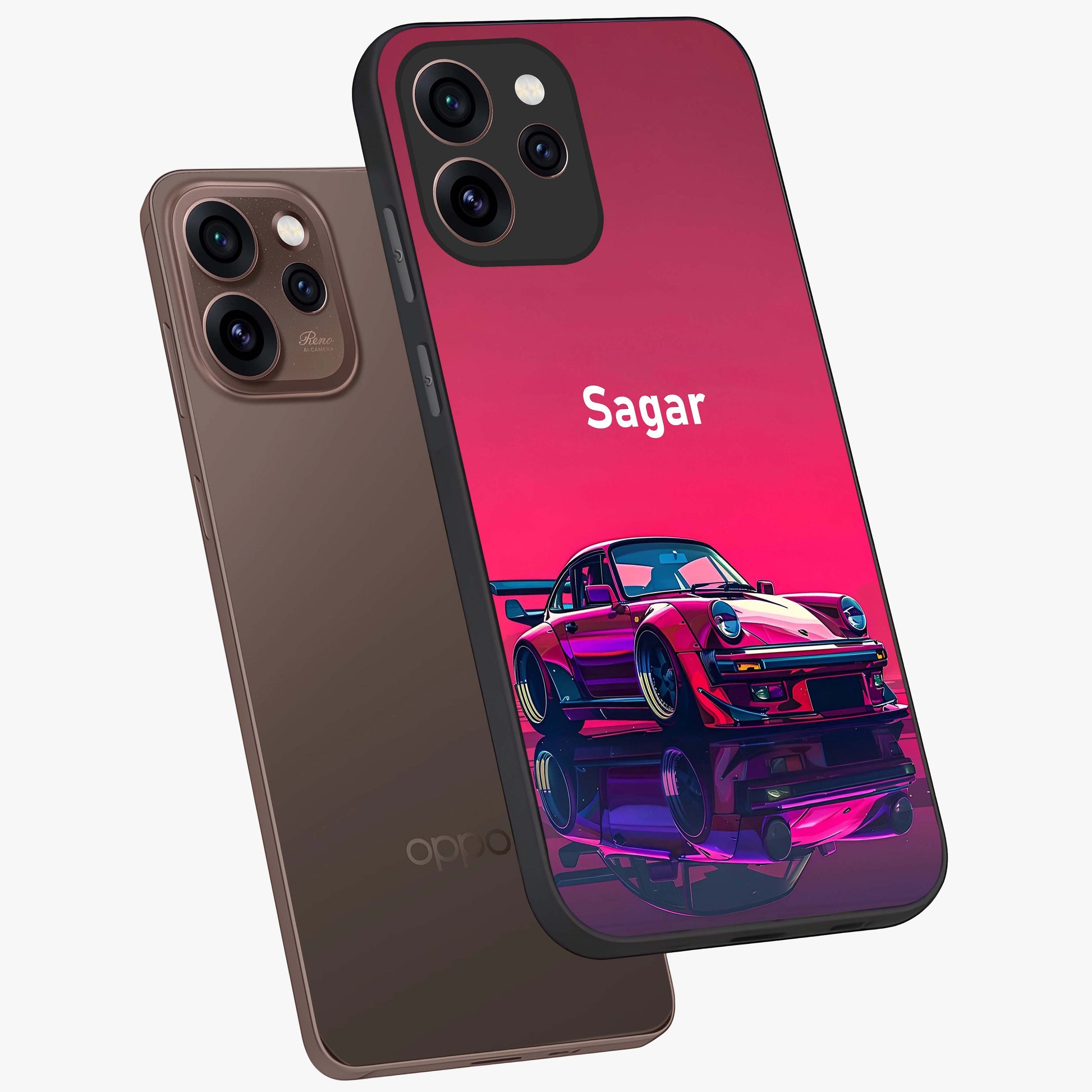 Neon Pink Porsche Glass Case displayed in angled mockup highlighting sleek neon pink car design with racing aesthetic.