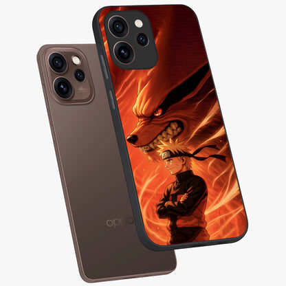 Nine Tails Legacy Glass Case displayed in angled mockup highlighting dynamic anime beast illustration with bold mystical aesthetic.