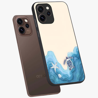 Ocean Drift Turtle Glass Case displayed in angled mockup highlighting peaceful ocean turtle illustration with marine aesthetic.