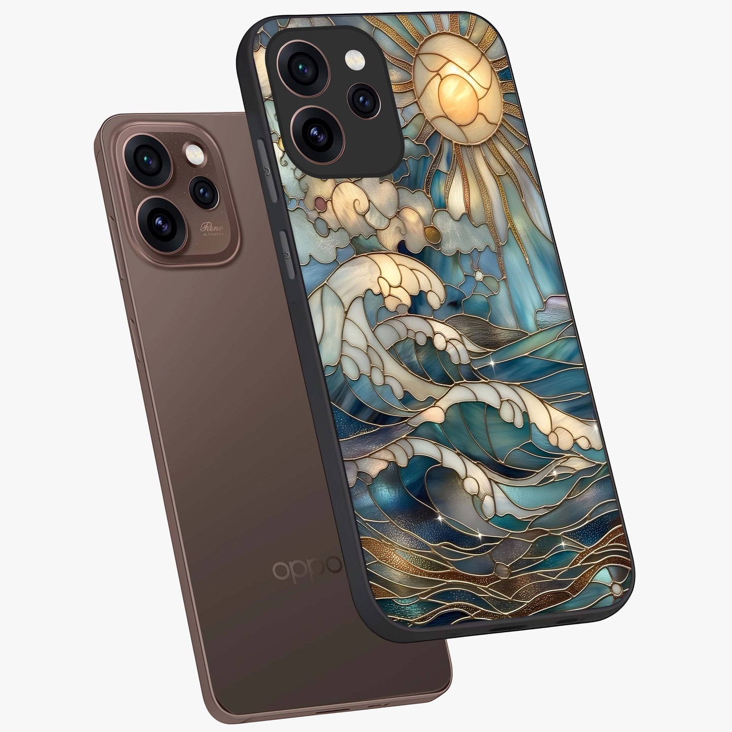 Oceanic Stained Printed Glass Case displayed in angled mockup highlighting colorful aquatic design with artistic aesthetic style.