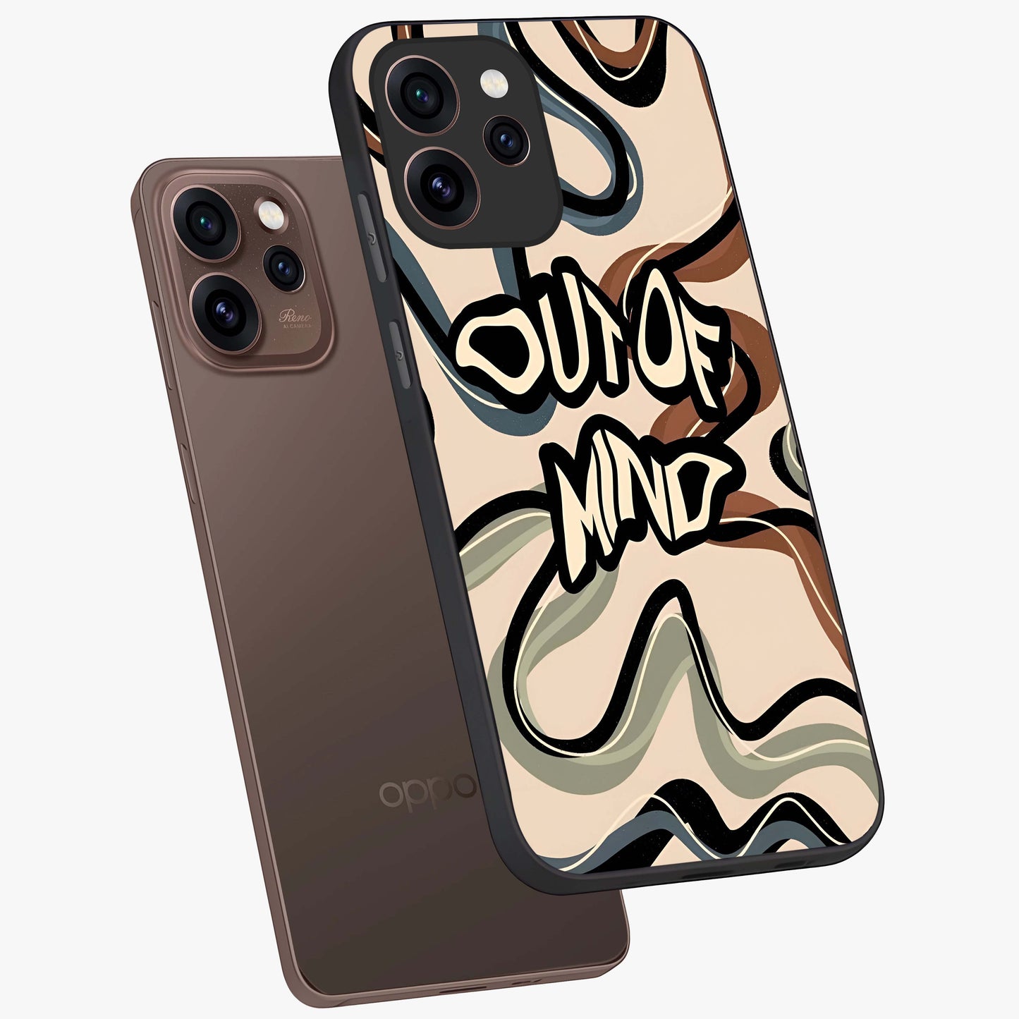 Out Of Mind Glass Case displayed in angled mockup highlighting bold statement design with modern artistic aesthetic.