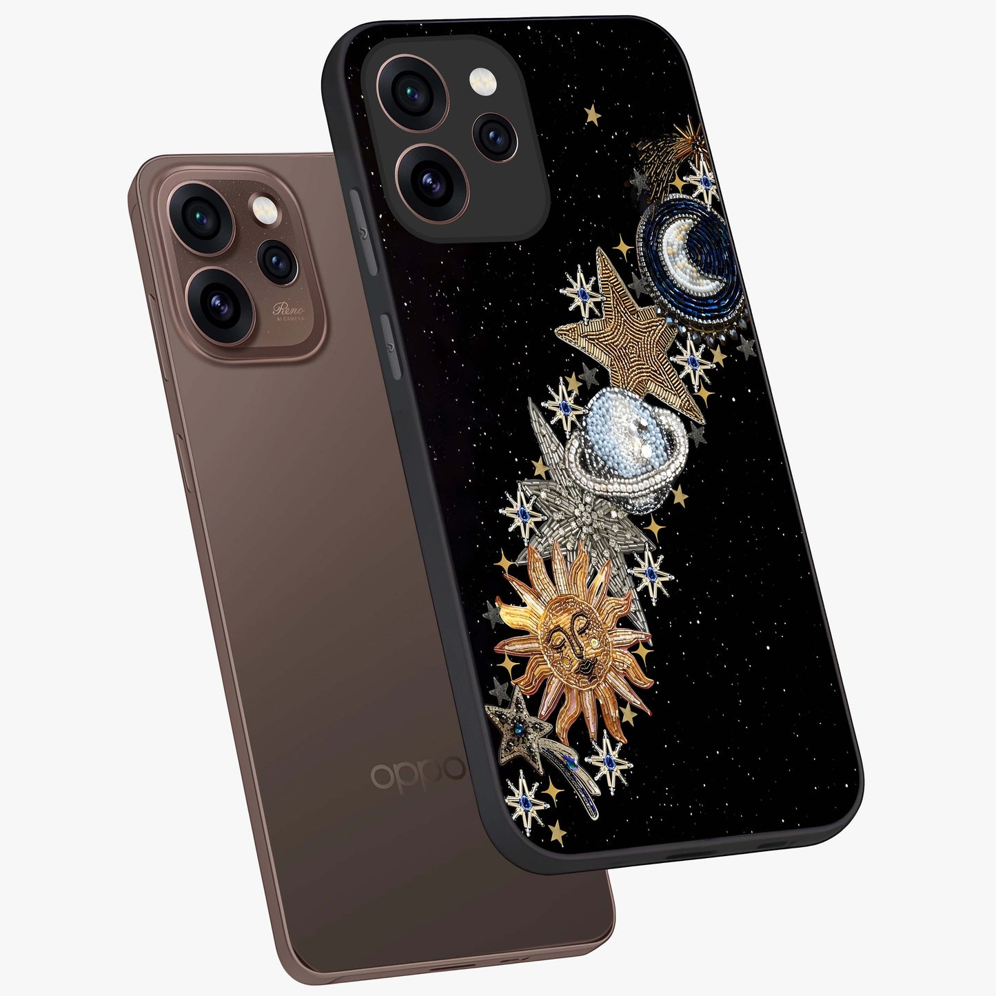 Pearls Universe Object Glass Case displayed in angled mockup highlighting celestial pearl design with dreamy aesthetic.