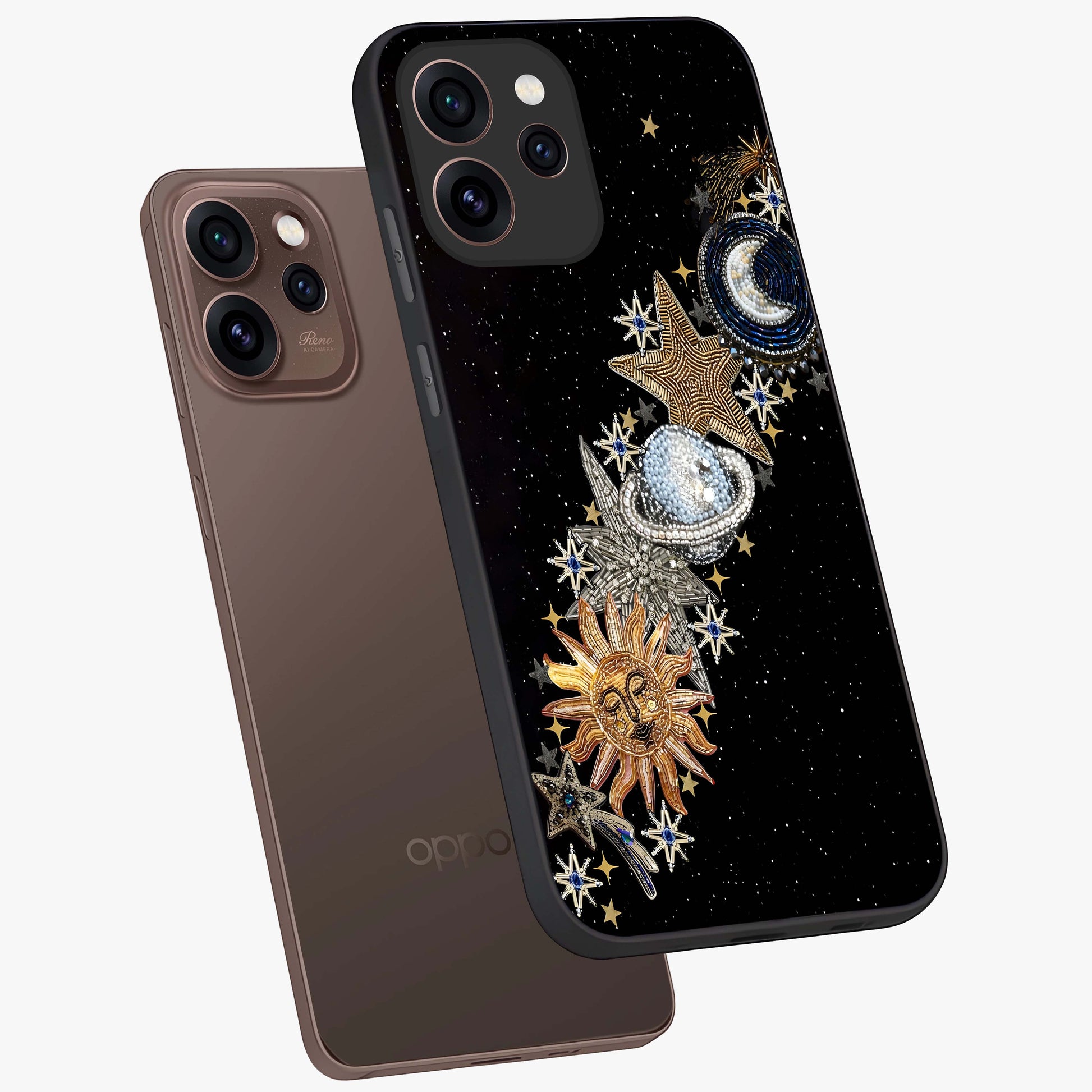 Pearls Universe Object Glass Case displayed in angled mockup highlighting celestial pearl design with dreamy aesthetic.