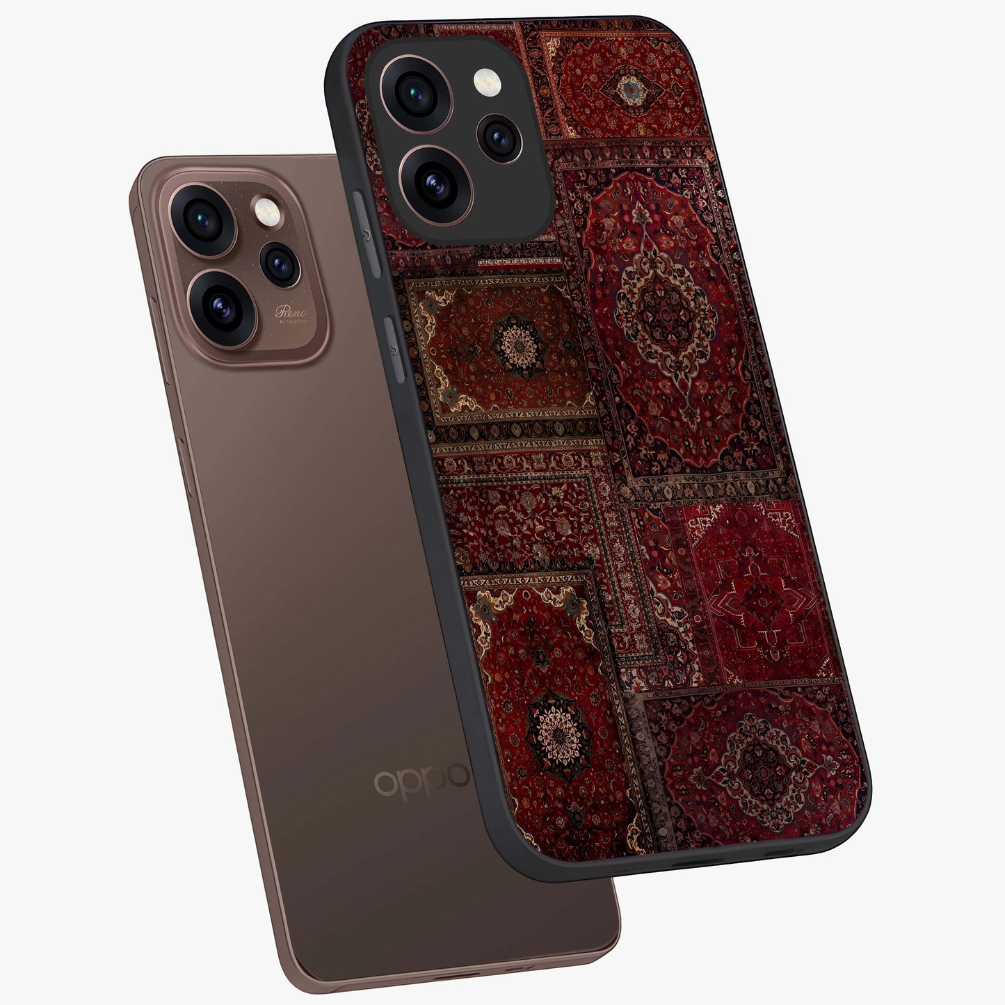 Persian Velvet Tale Glass Case displayed in angled mockup highlighting ornate textile inspired design with royal aesthetic.