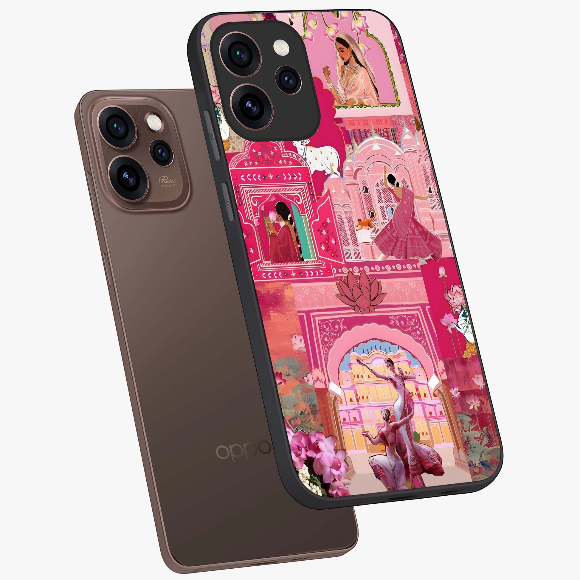 Pink Palace Muse Glass Case displayed in angled mockup highlighting dreamy palace illustration with soft pink aesthetic.