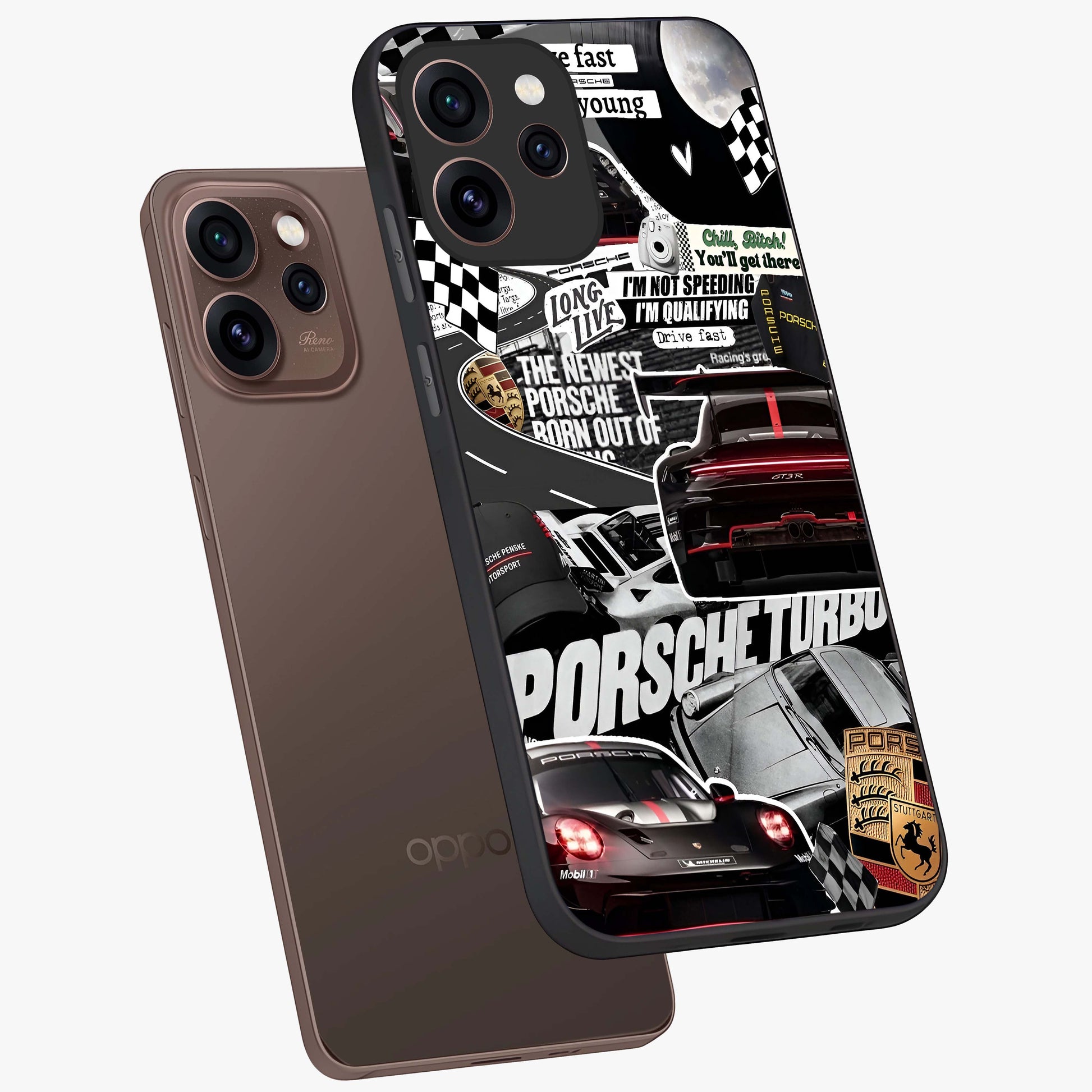 Porsche Racing Collage Glass Case displayed in angled mockup highlighting dynamic automotive design with bold racing aesthetic.
