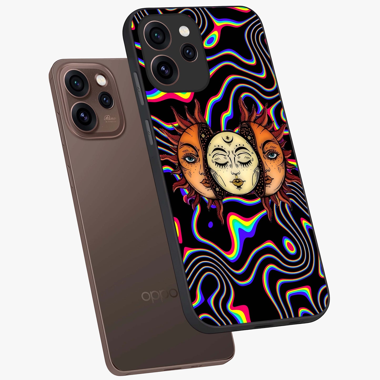 Psychedelic Sun Glass Case displayed in angled mockup highlighting vibrant abstract sun design with artistic aesthetic style.