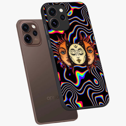 Psychedelic Sun Glass Case displayed in angled mockup highlighting vibrant abstract sun design with artistic aesthetic style.