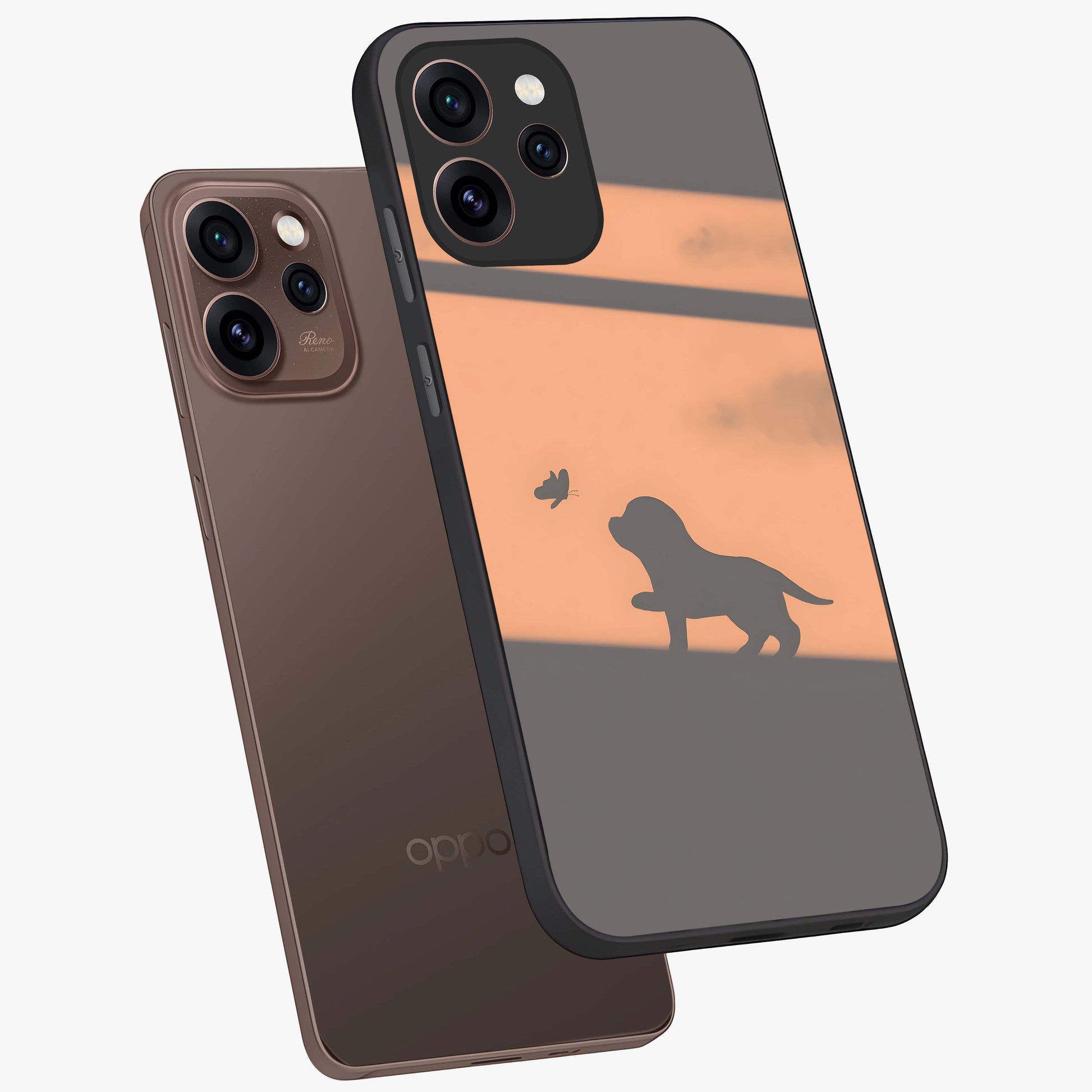 Puppy Shadow Art Glass Case displayed in angled mockup highlighting playful dog illustration with artistic shadow aesthetic.