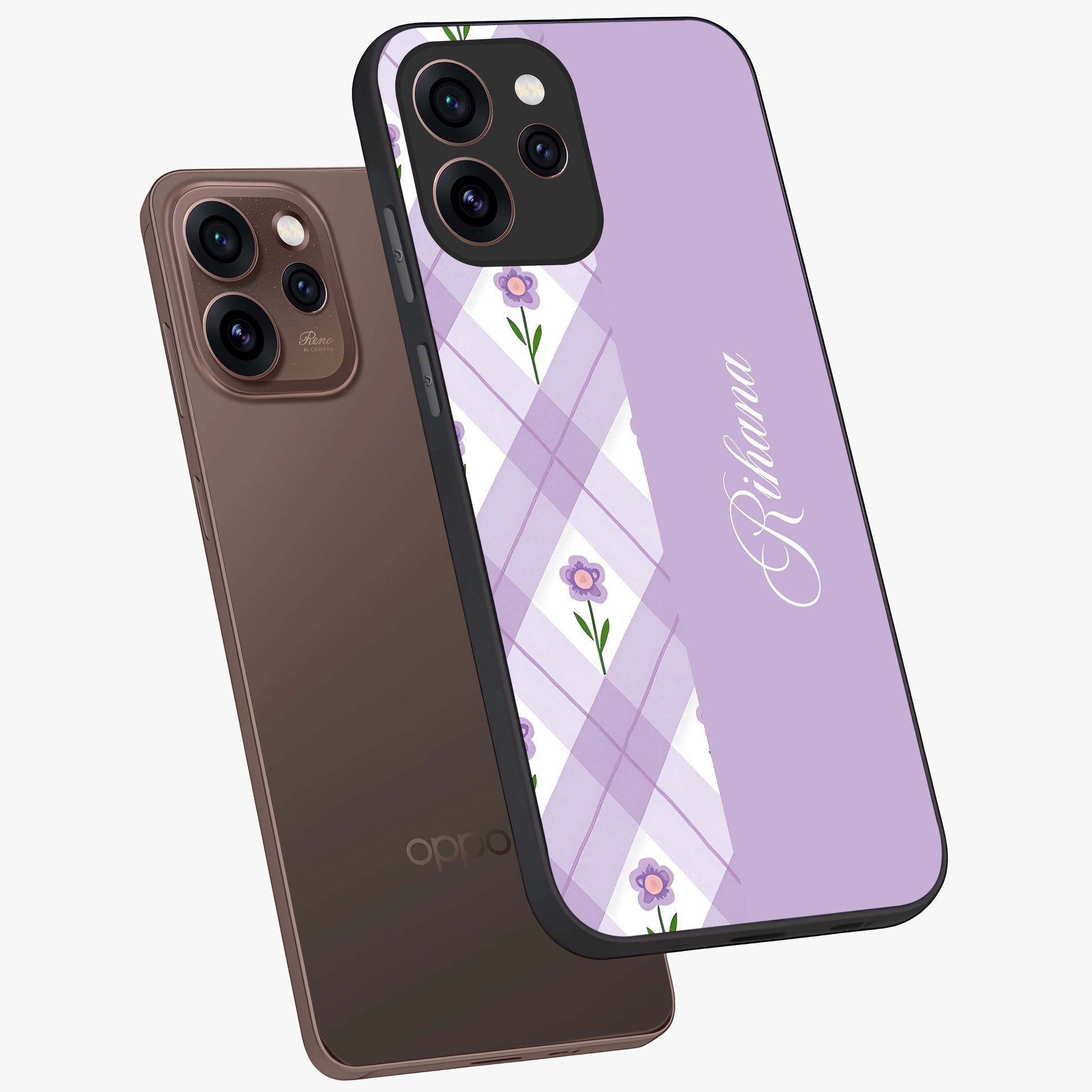 Purple Diamond Floral Glass Case displayed in angled mockup highlighting elegant purple flower design with decorative pattern.