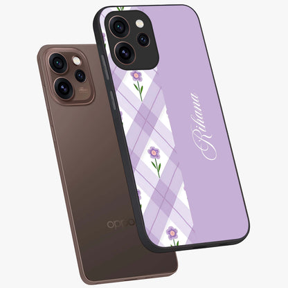 Purple Diamond Floral Glass Case displayed in angled mockup highlighting elegant purple flower design with decorative pattern.