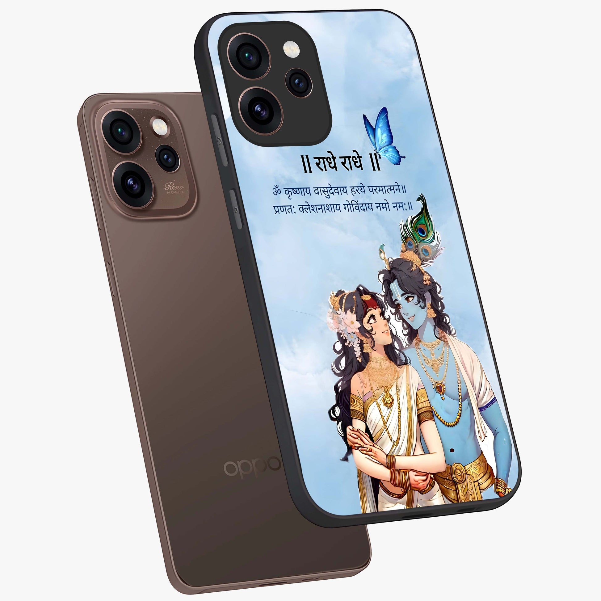 Radha Krishna Eternal Glass Case displayed in angled mockup highlighting divine Radha Krishna illustration with spiritual aesthetic.