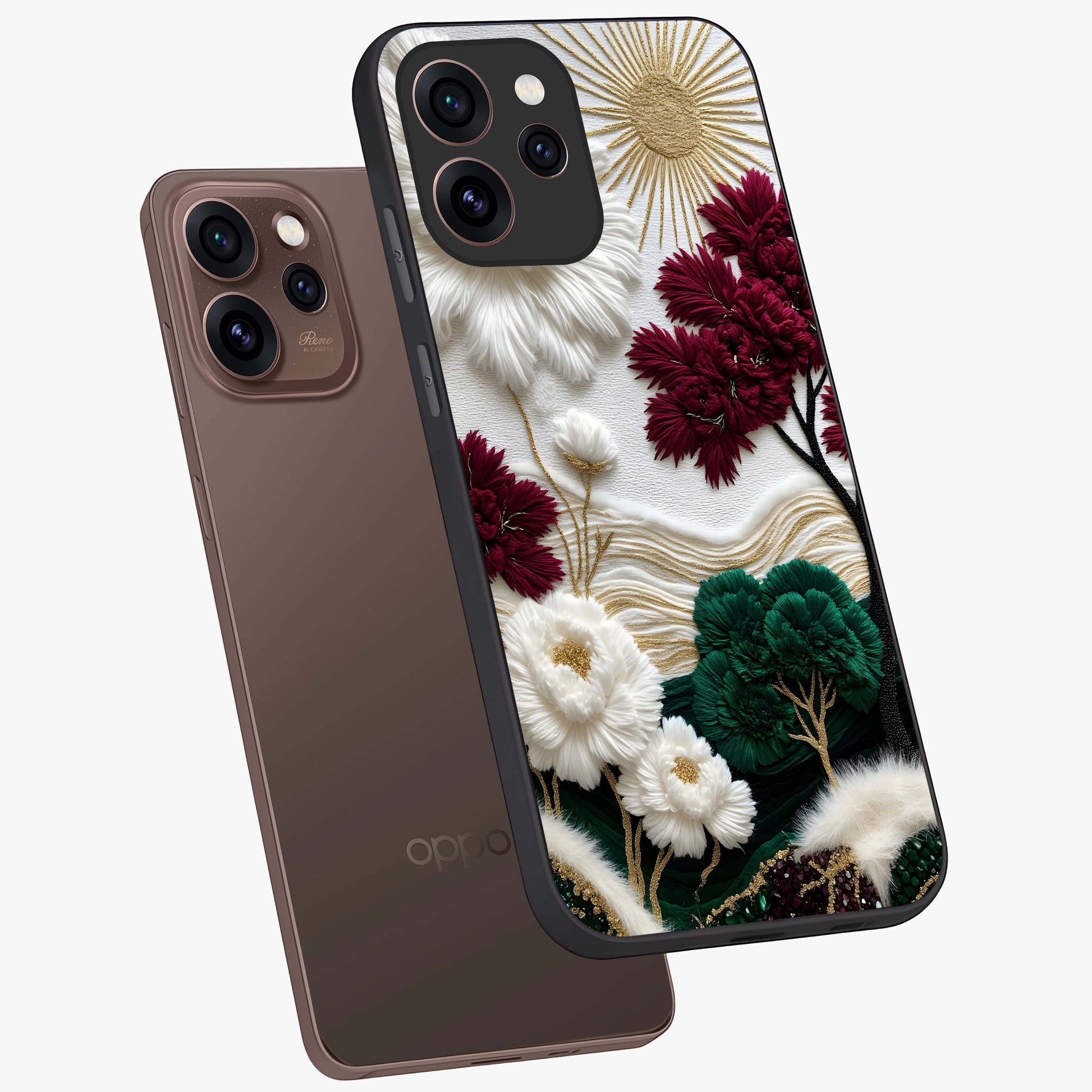 Radiant Bloom Elegance Glass Case displayed in angled mockup highlighting graceful floral design with radiant aesthetic style.
