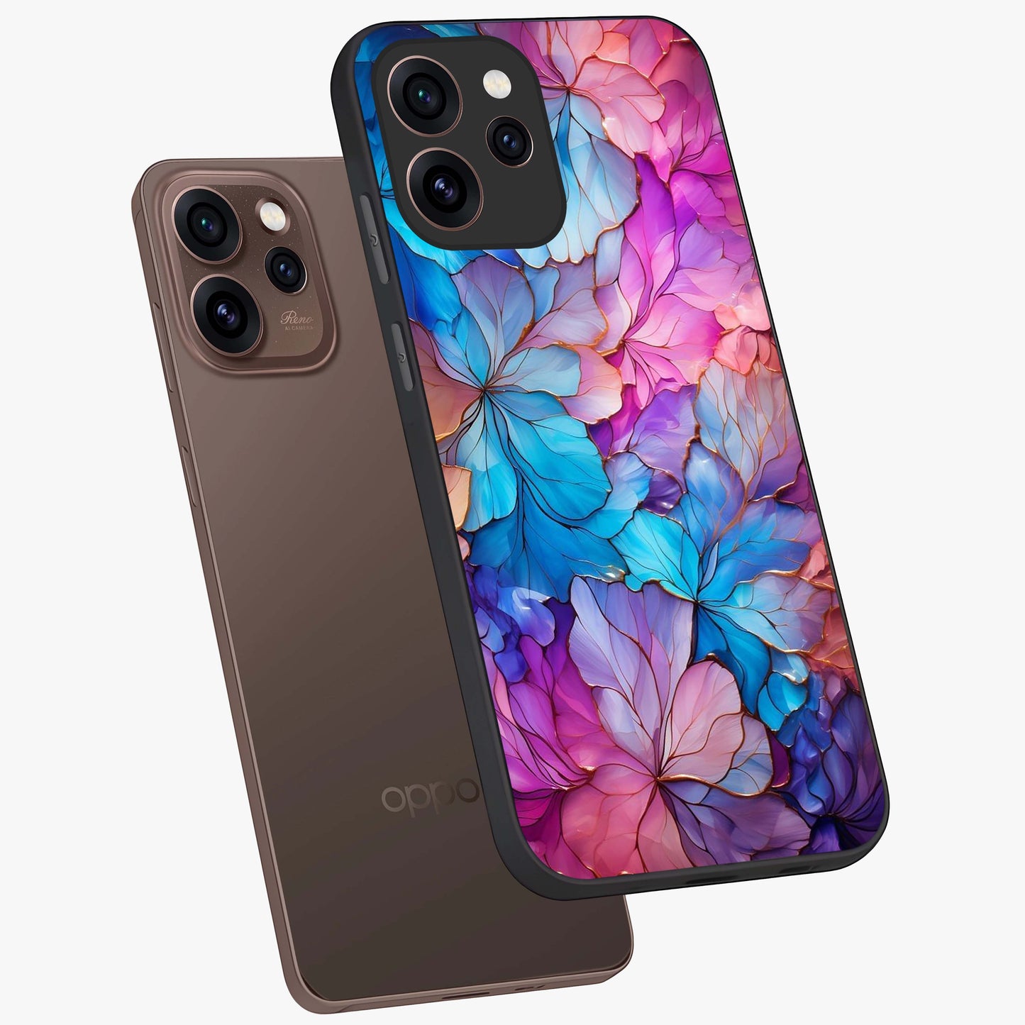 Radiant Floral Whirl Glass Case displayed in angled mockup highlighting vibrant flower pattern with dynamic artistic aesthetic.