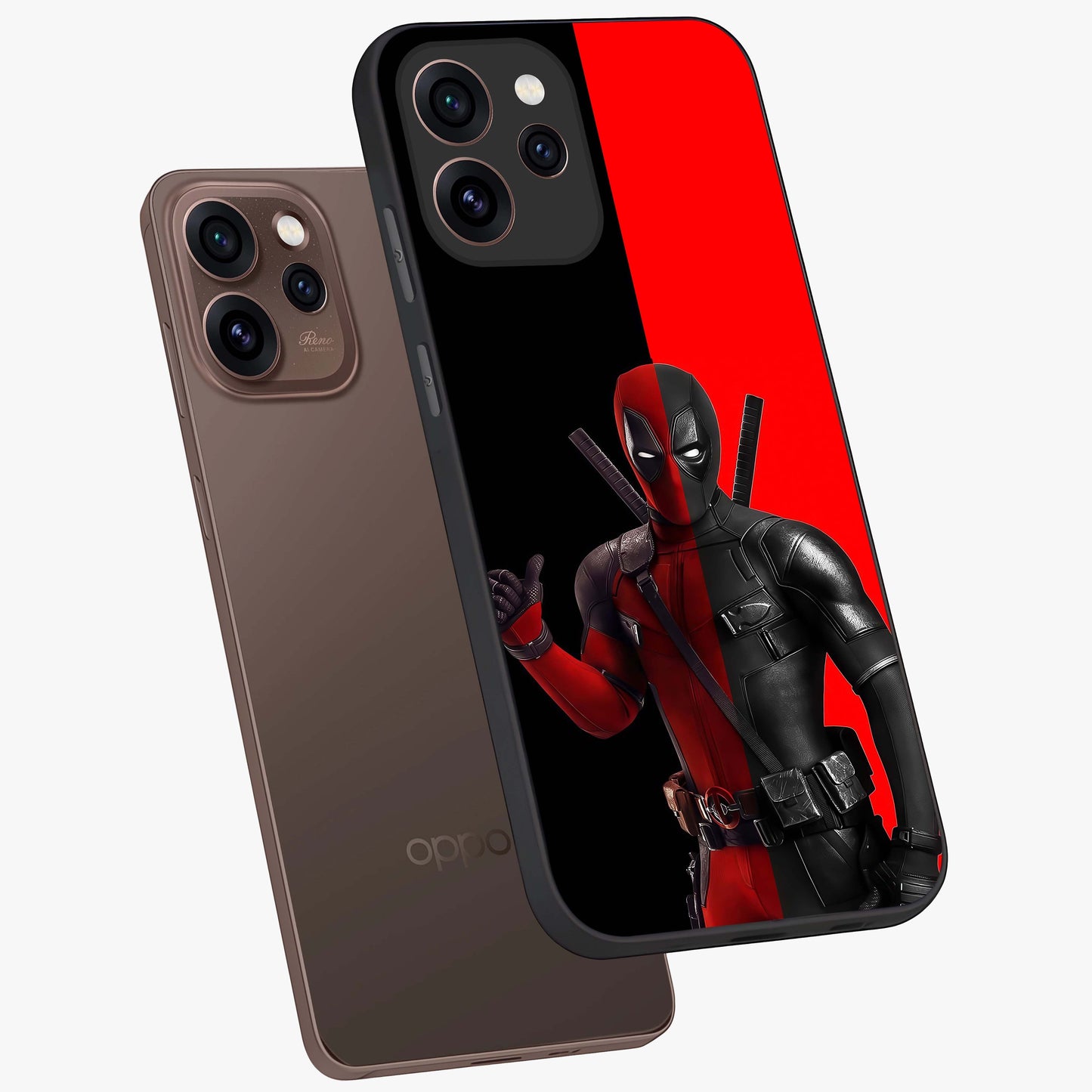 Red & Black Deadpool Theme Glass Case displayed in angled mockup highlighting vibrant superhero style illustration with action aesthetic.