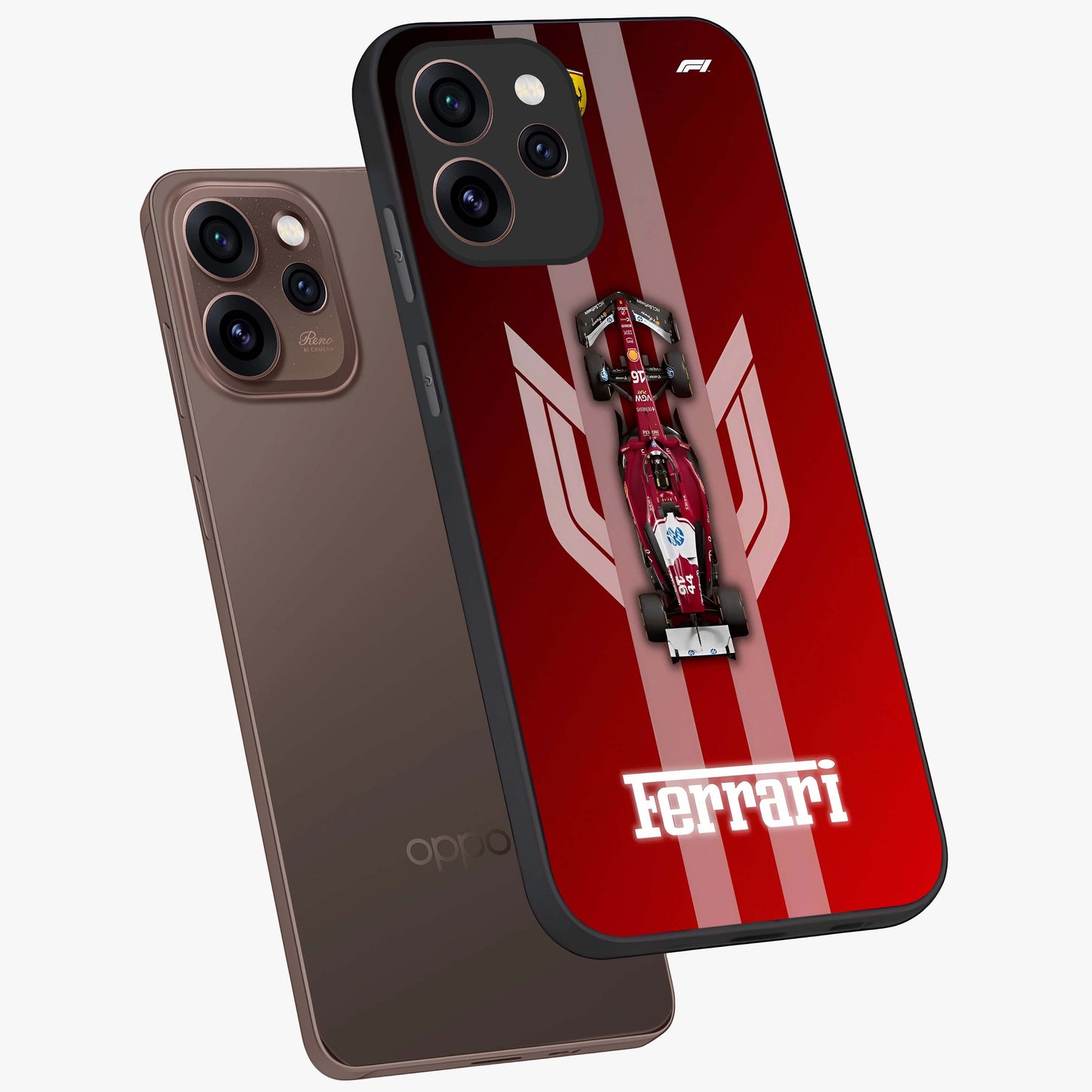 Red Ferrari F1 Vertical Glass Case displayed in angled mockup highlighting high speed racing design with bold automotive aesthetic.