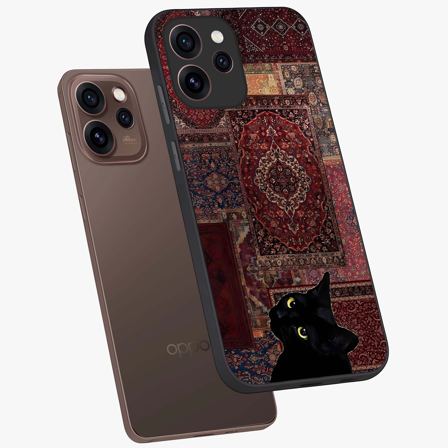 Regal Magic Cat Apple Glass Case displayed in angled mockup highlighting whimsical feline design with fantasy aesthetic.