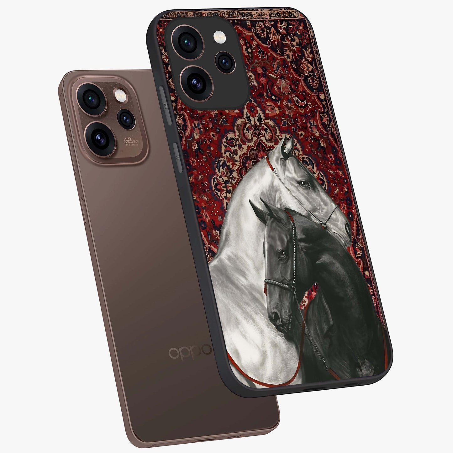 Regal Stallion Tapestry Glass Case displayed in angled mockup highlighting royal stallion design with decorative heritage aesthetic.