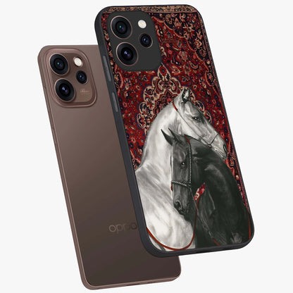 Regal Stallion Tapestry Glass Case displayed in angled mockup highlighting royal stallion design with decorative heritage aesthetic.