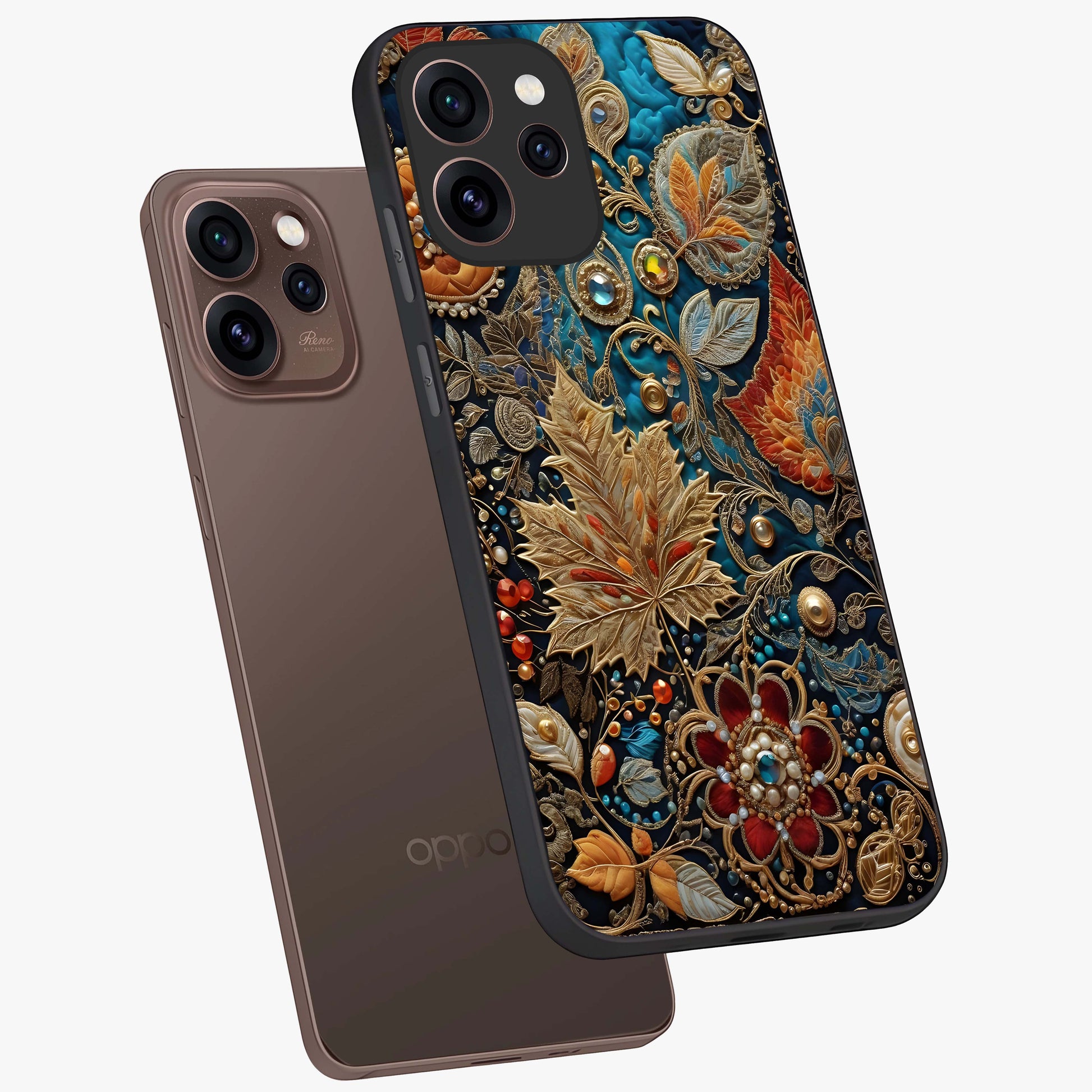 Royal Jewel Garden Glass Case displayed in angled mockup highlighting vibrant jewel inspired floral design with elegant aesthetic.