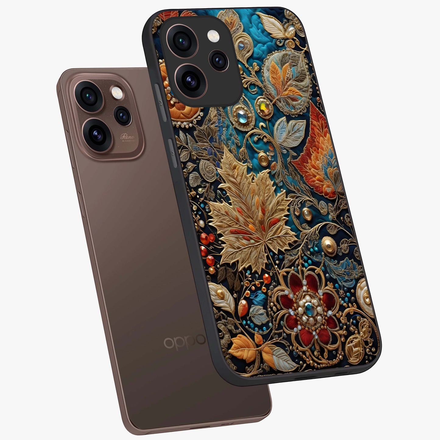 Royal Jewel Garden Glass Case displayed in angled mockup highlighting vibrant jewel inspired floral design with elegant aesthetic.