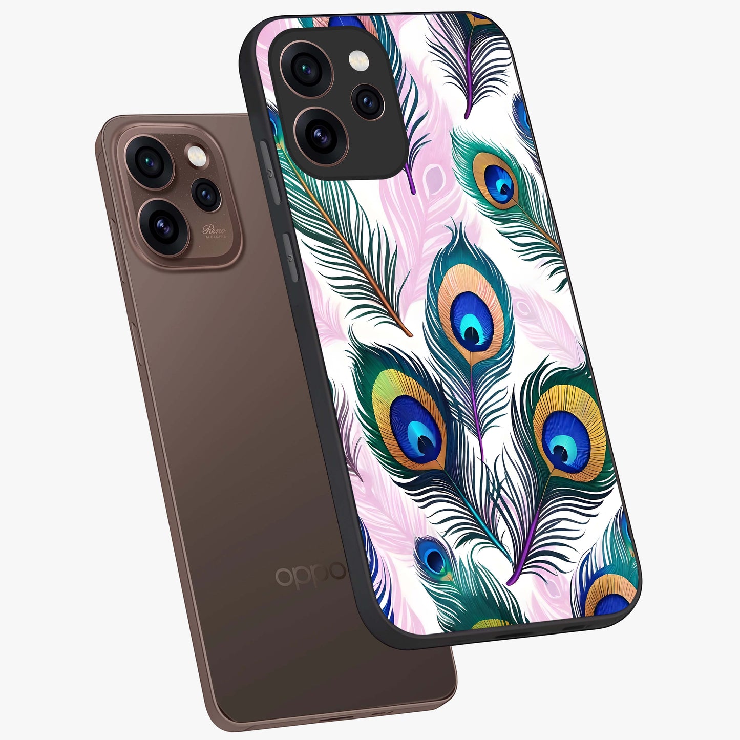 Royal Peacock Feathers Glass Case displayed in angled mockup highlighting vibrant feather pattern with regal aesthetic style.