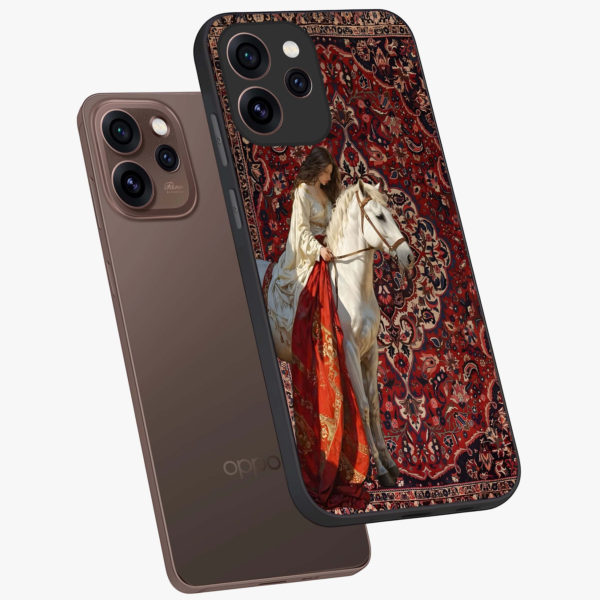 Royal Rider Tapestry Glass Case displayed in angled mockup highlighting traditional tapestry design with royal heritage aesthetic.