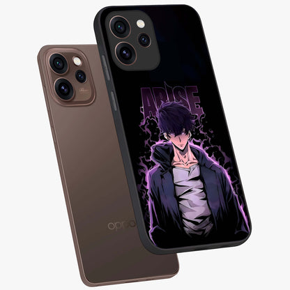 Shadow Monarch Awakening Glass Case displayed in angled mockup highlighting dramatic shadow warrior design with fantasy aesthetic.
