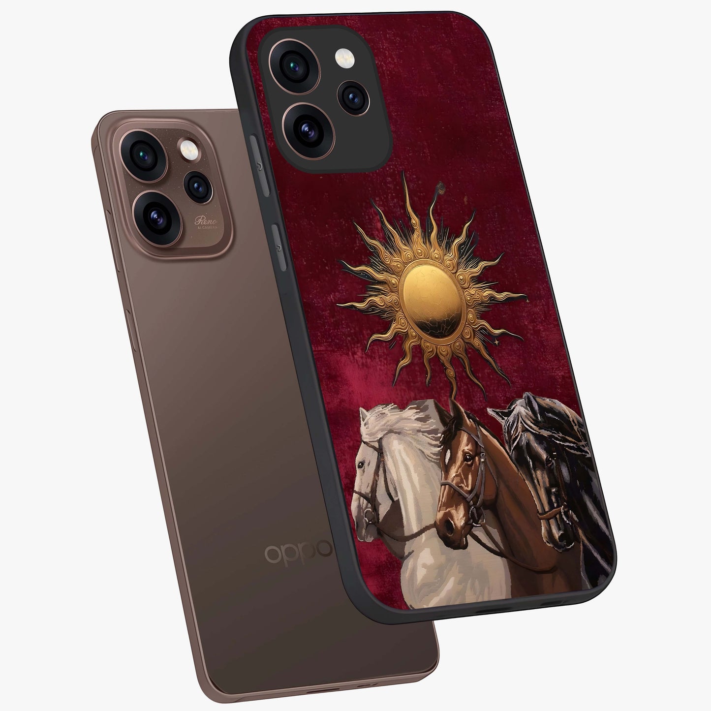 Solar Riders Glass Case displayed in angled mockup highlighting powerful rider illustration with radiant solar aesthetic.