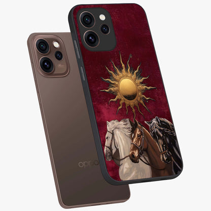 Solar Riders Glass Case displayed in angled mockup highlighting powerful rider illustration with radiant solar aesthetic.