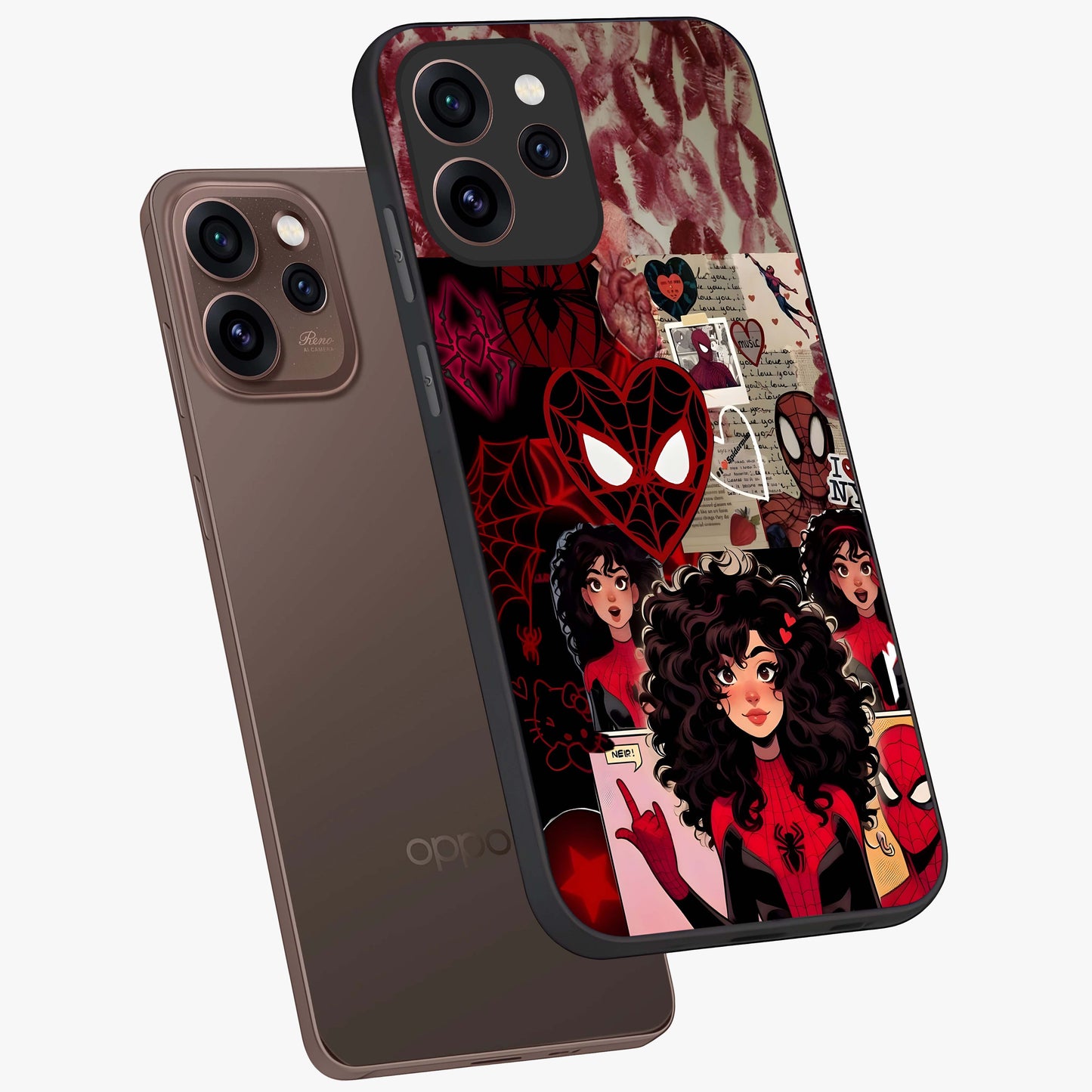 Spider Love Story Glass Case displayed in angled mockup highlighting expressive comic inspired design with playful aesthetic.