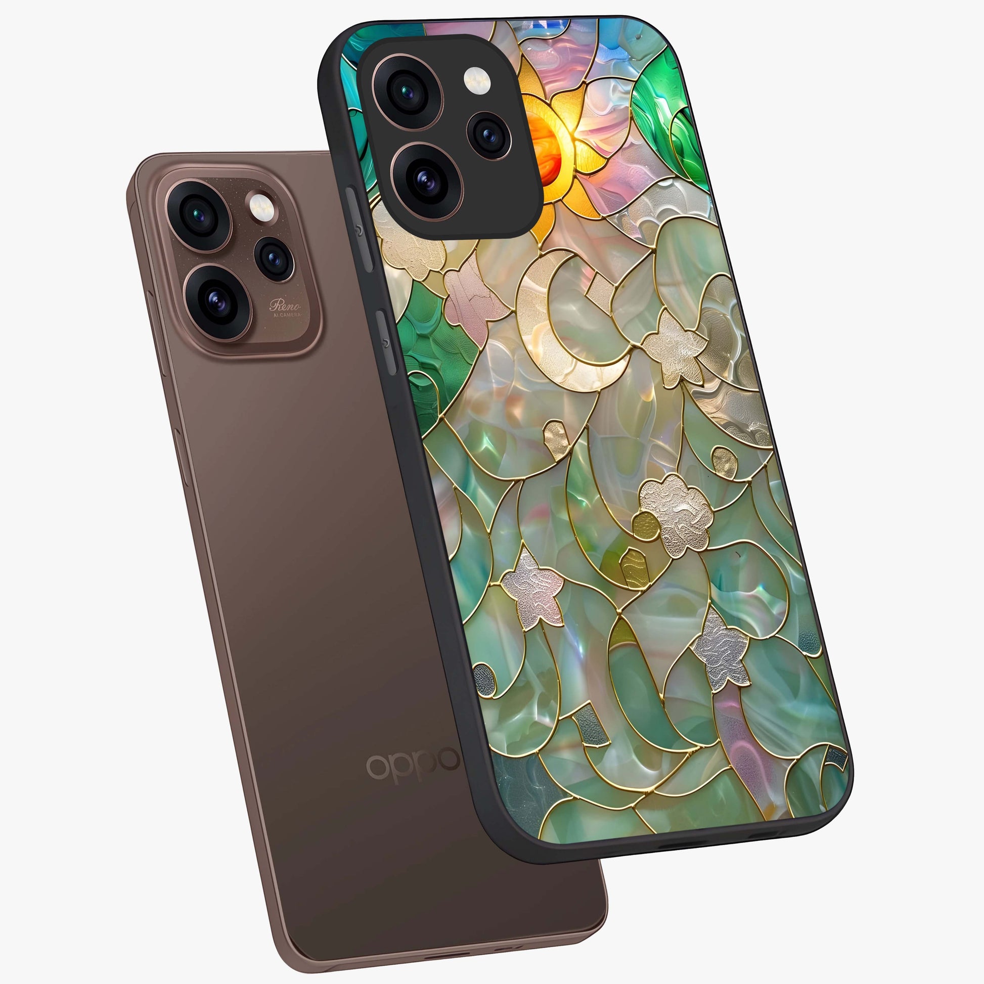Stained Sunrise Glow Glass Case displayed in angled mockup highlighting radiant sunrise design with artistic aesthetic style.
