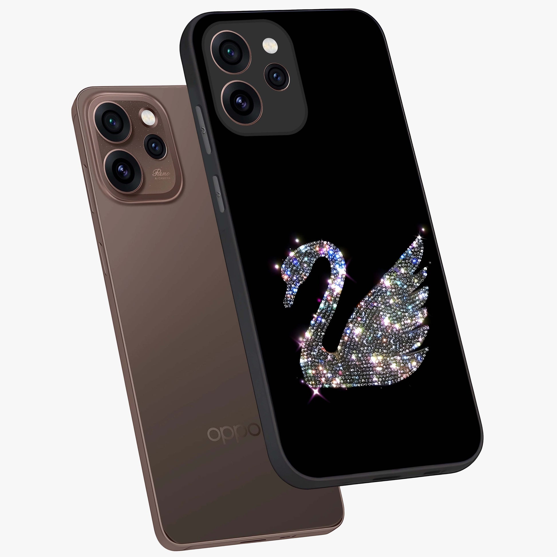 Starlit Swan Grace Glass Case displayed in angled mockup highlighting elegant swan illustration with dreamy celestial aesthetic.