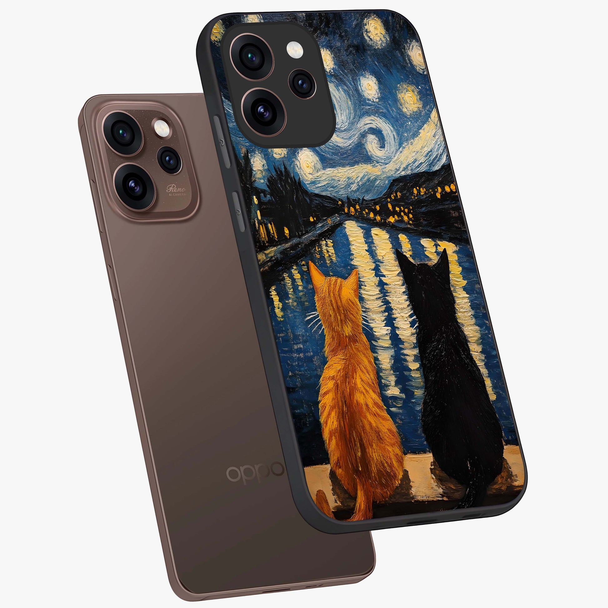 Starry River Cats Glass Case displayed in angled mockup highlighting charming feline illustration with dreamy night aesthetic.