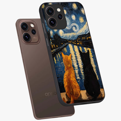 Starry River Cats Glass Case displayed in angled mockup highlighting charming feline illustration with dreamy night aesthetic.