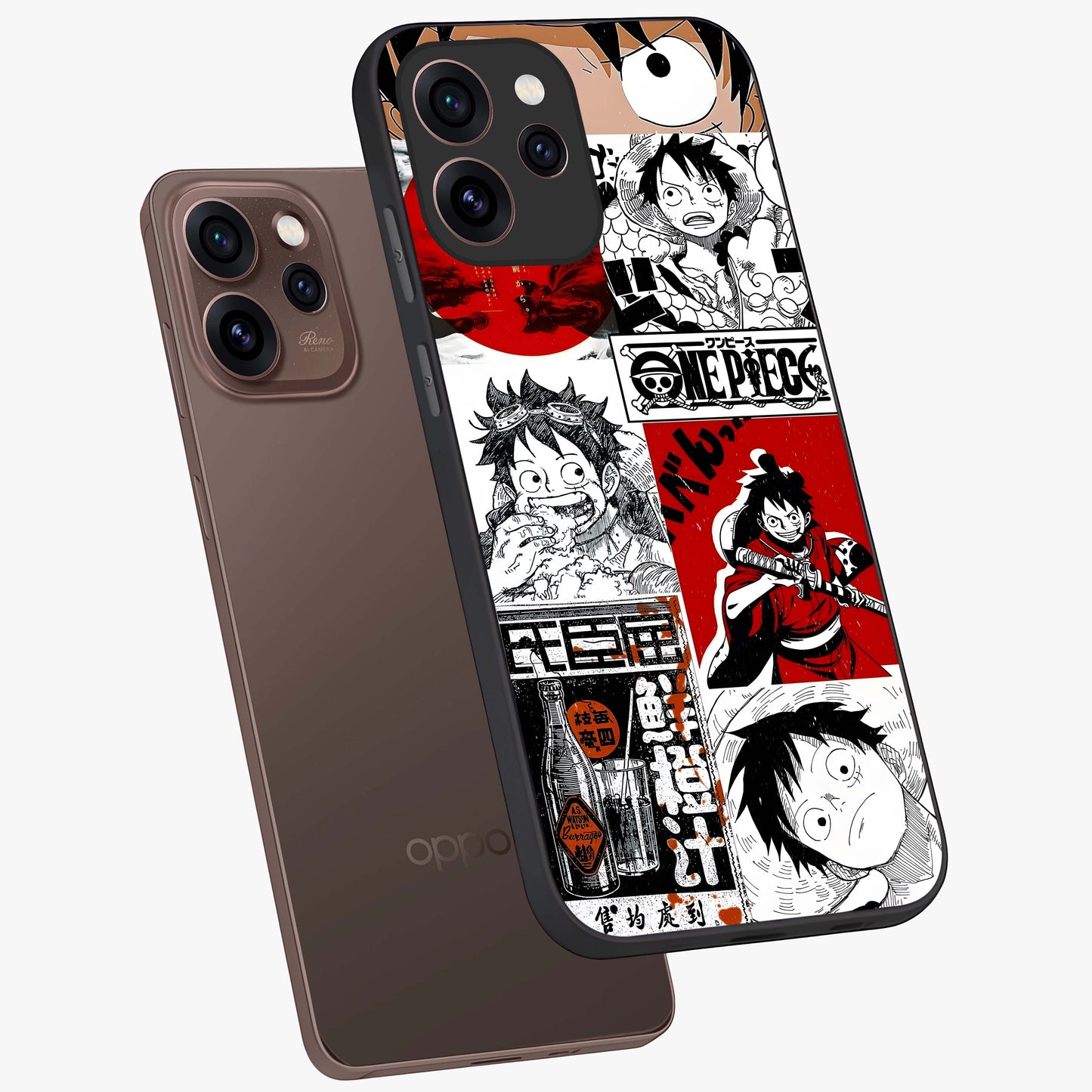 Strawhat Chaos Panels Glass Case displayed in angled mockup highlighting vibrant anime collage design with action aesthetic.