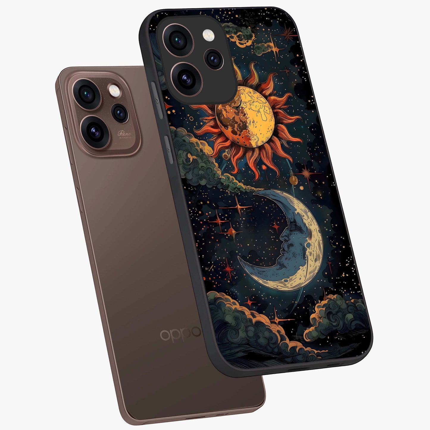 Sun And Moon Magic Design Glass Case displayed in angled mockup highlighting celestial design with magical cosmic aesthetic.