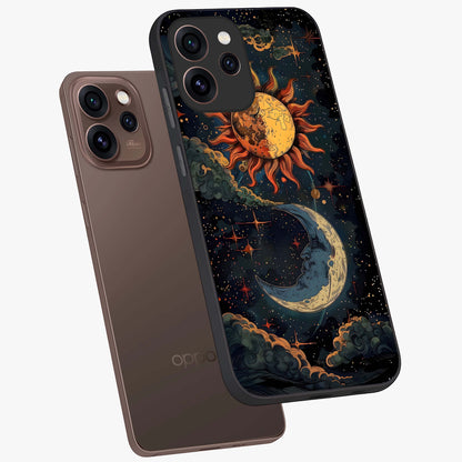 Sun And Moon Magic Design Glass Case displayed in angled mockup highlighting celestial design with magical cosmic aesthetic.