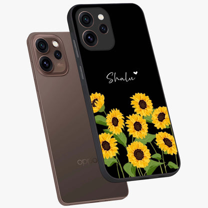 Sunflower Chic Mood Custom Name Glass Case displayed in angled mockup highlighting vibrant sunflower design with custom name feature.