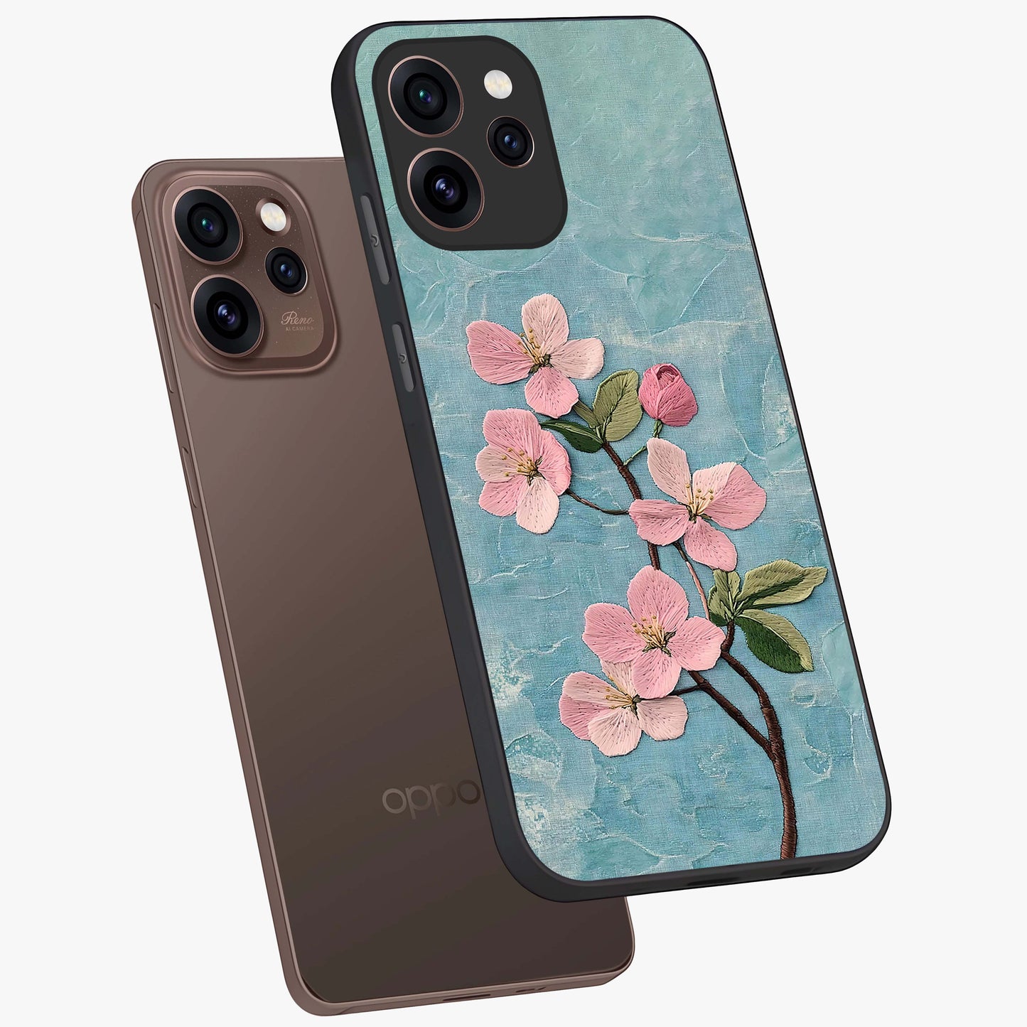 Threaded Blossom Breeze Glass Case displayed in angled mockup highlighting elegant floral design with soft aesthetic style.