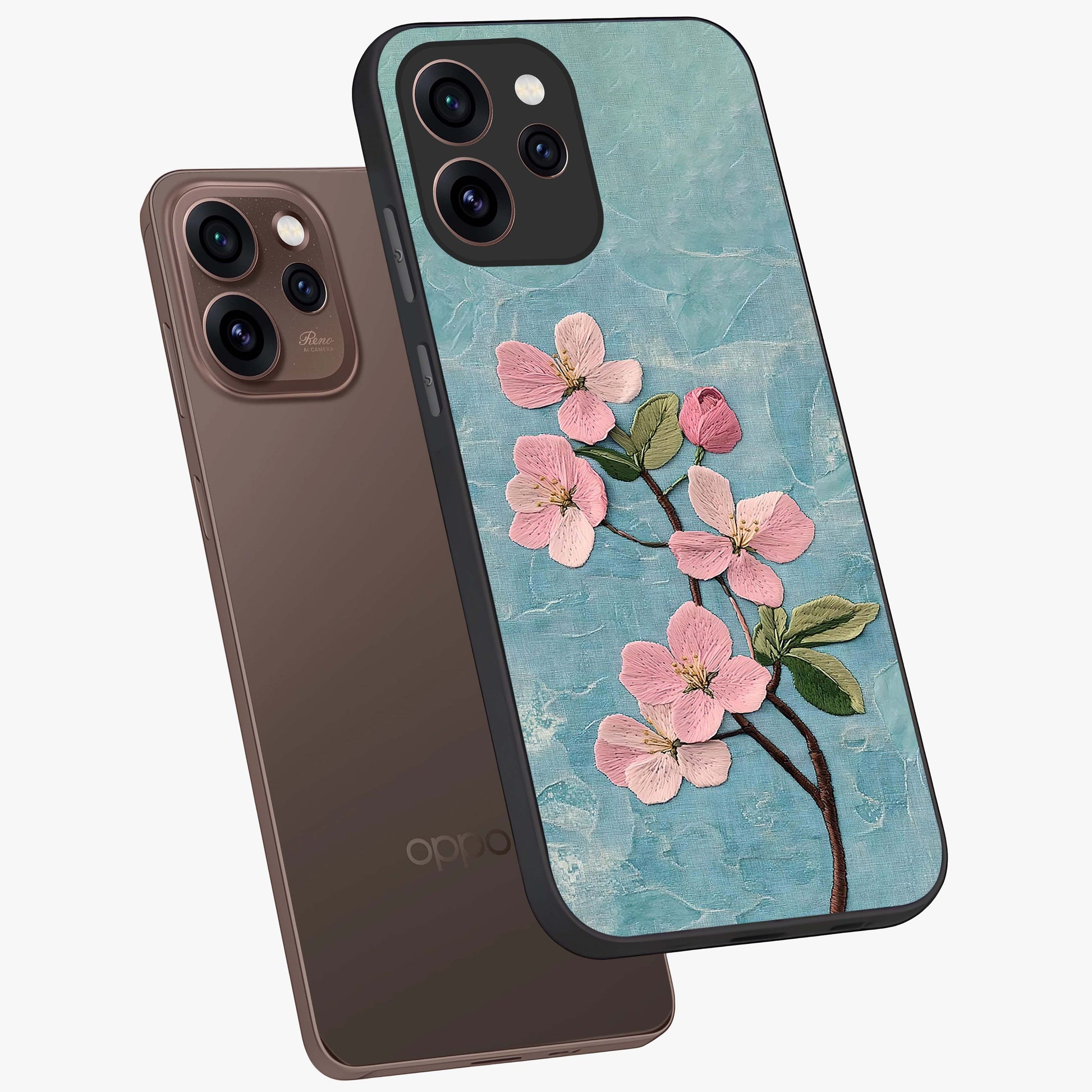 Threaded Blossom Breeze Glass Case displayed in angled mockup highlighting elegant floral design with soft aesthetic style.