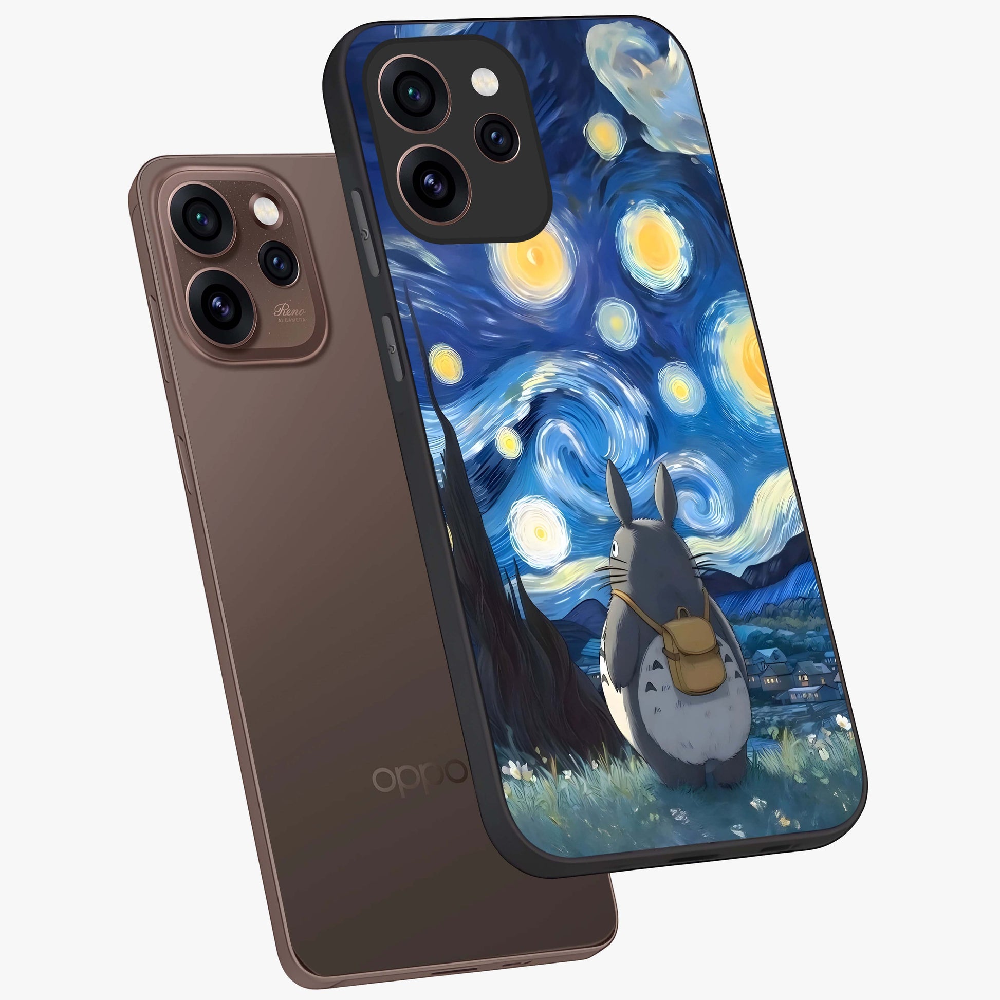 Totoro In Van Gogh Art Glass Case displayed in angled mockup highlighting artistic swirling sky design with playful animation aesthetic.