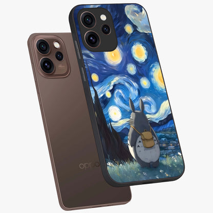 Totoro In Van Gogh Art Glass Case displayed in angled mockup highlighting artistic swirling sky design with playful animation aesthetic.
