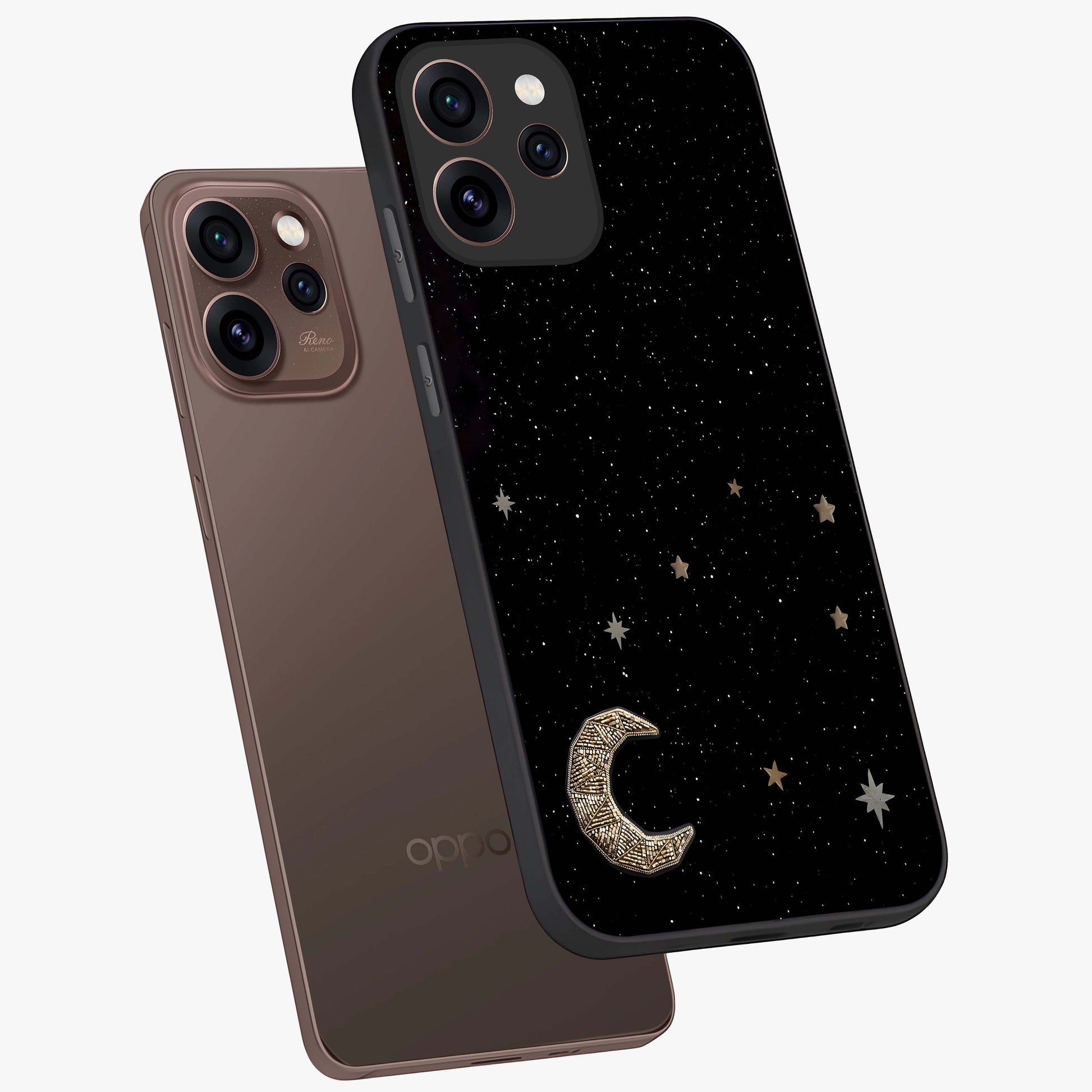 Twinkle Star With Half Moon Glass Case displayed in angled mockup highlighting celestial moon and star design with magical aesthetic.