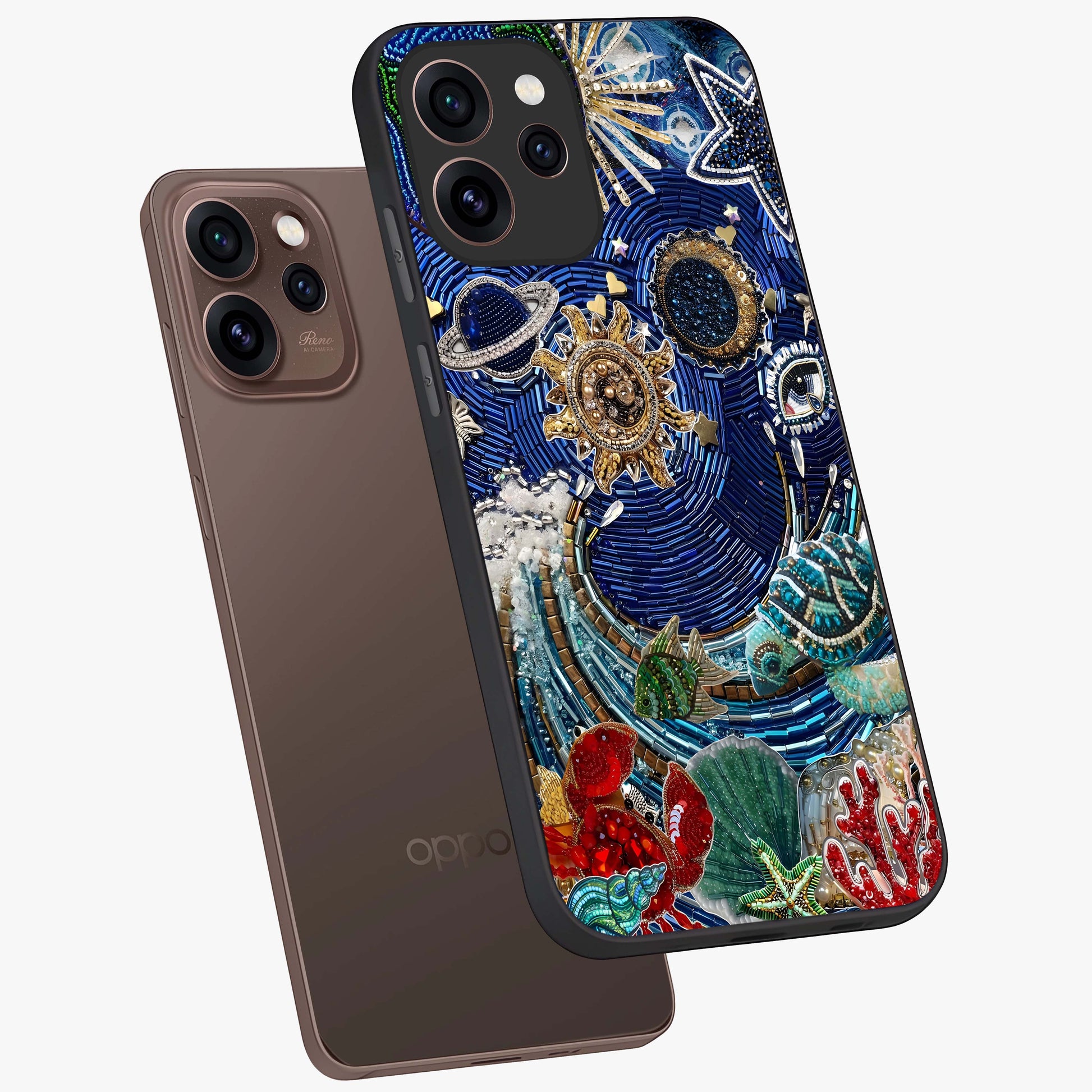 Universe Underwater Spark Glass Case displayed in angled mockup highlighting glowing aquatic design with celestial aesthetic.